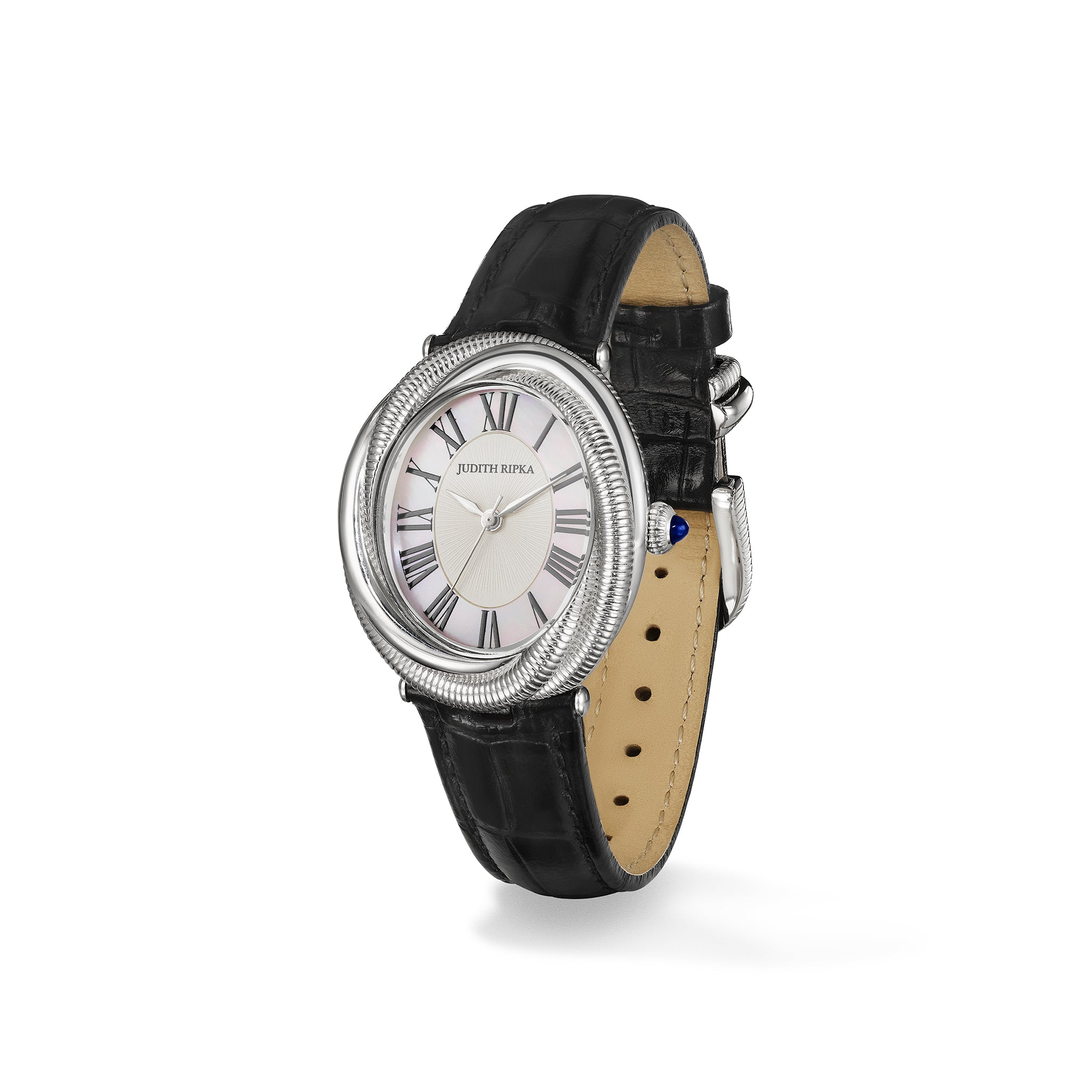 Eternity Watch with Mother of Pearl, Blue Sapphire and Black Genuine Crocodile Strap