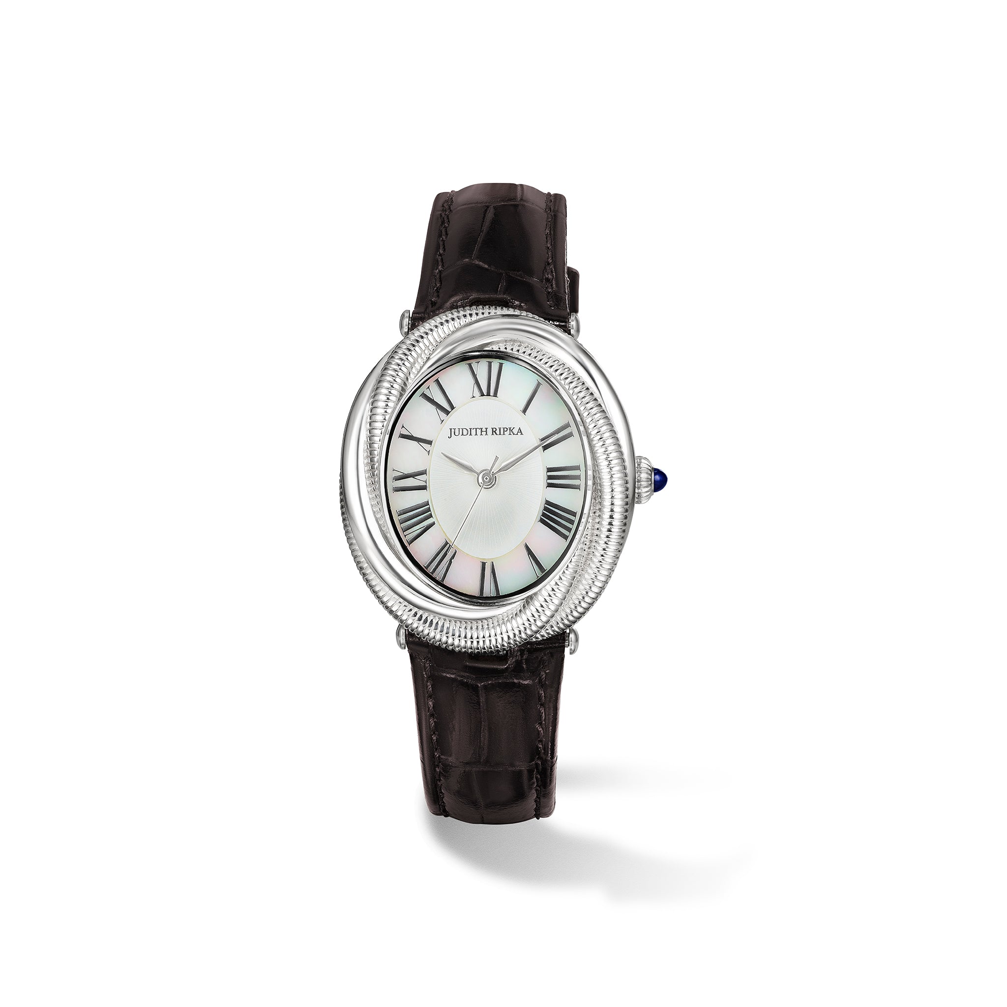 Eternity Watch With Mother Of Pearl, Blue Sapphire And Darkest Brown Genuine Crocodile Strap