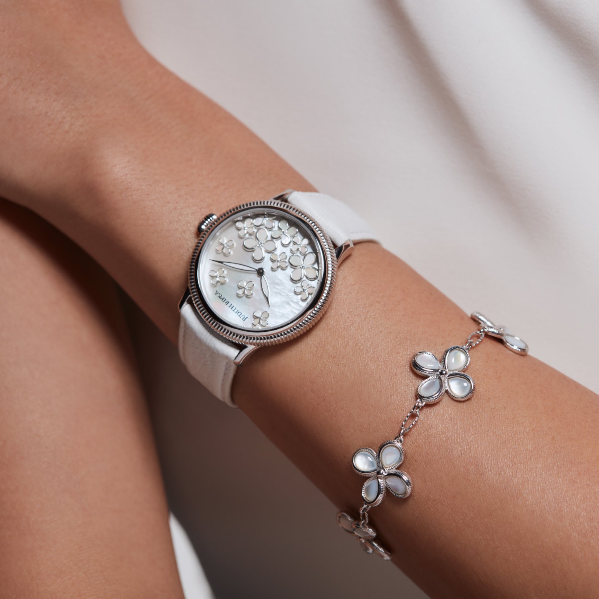 Jardin Watch with Mother of Pearl, Diamonds and White Leather Strap