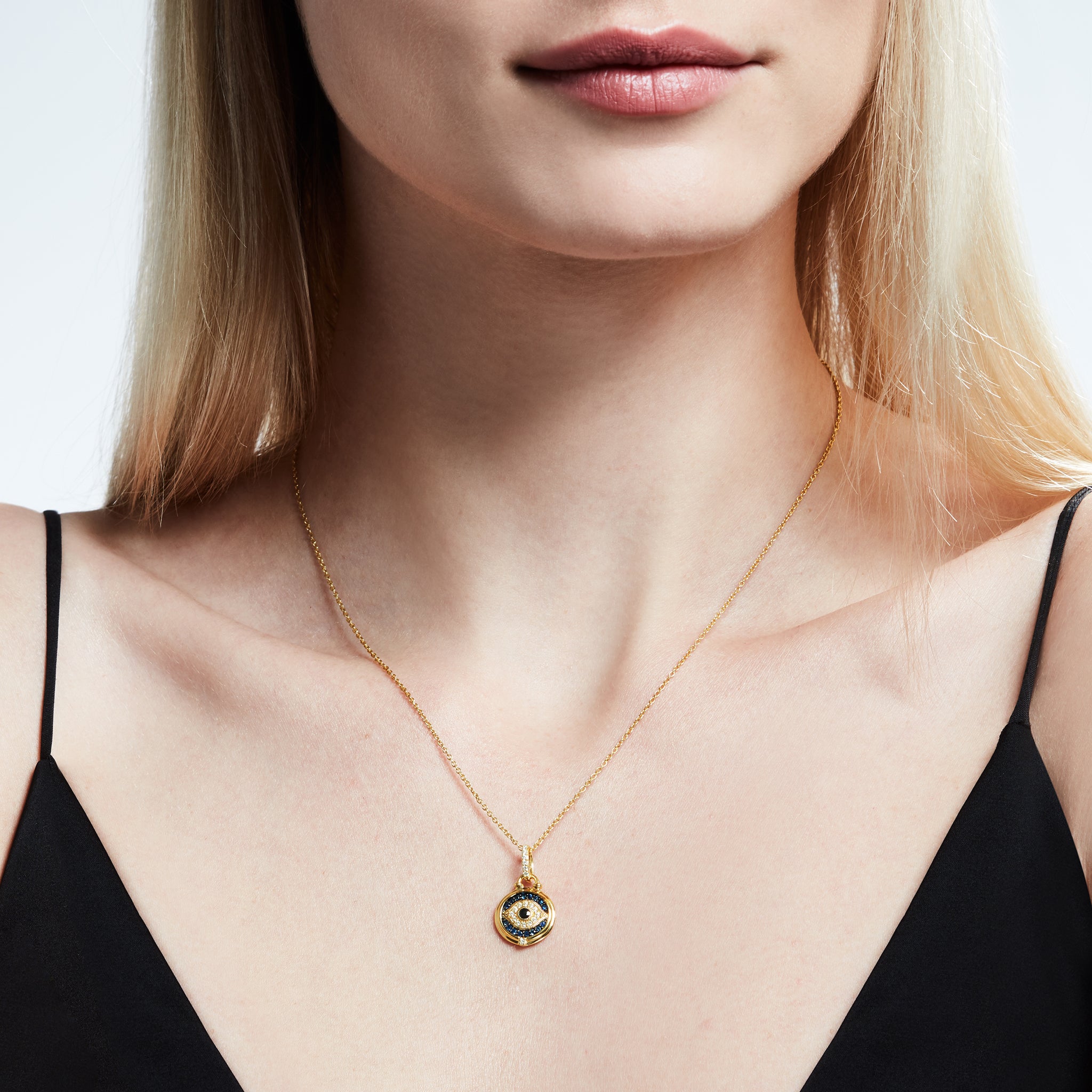 Little Luxuries Evil Eye Medallion with Black Sapphire, Blue Sapphire and Diamonds in 18K
