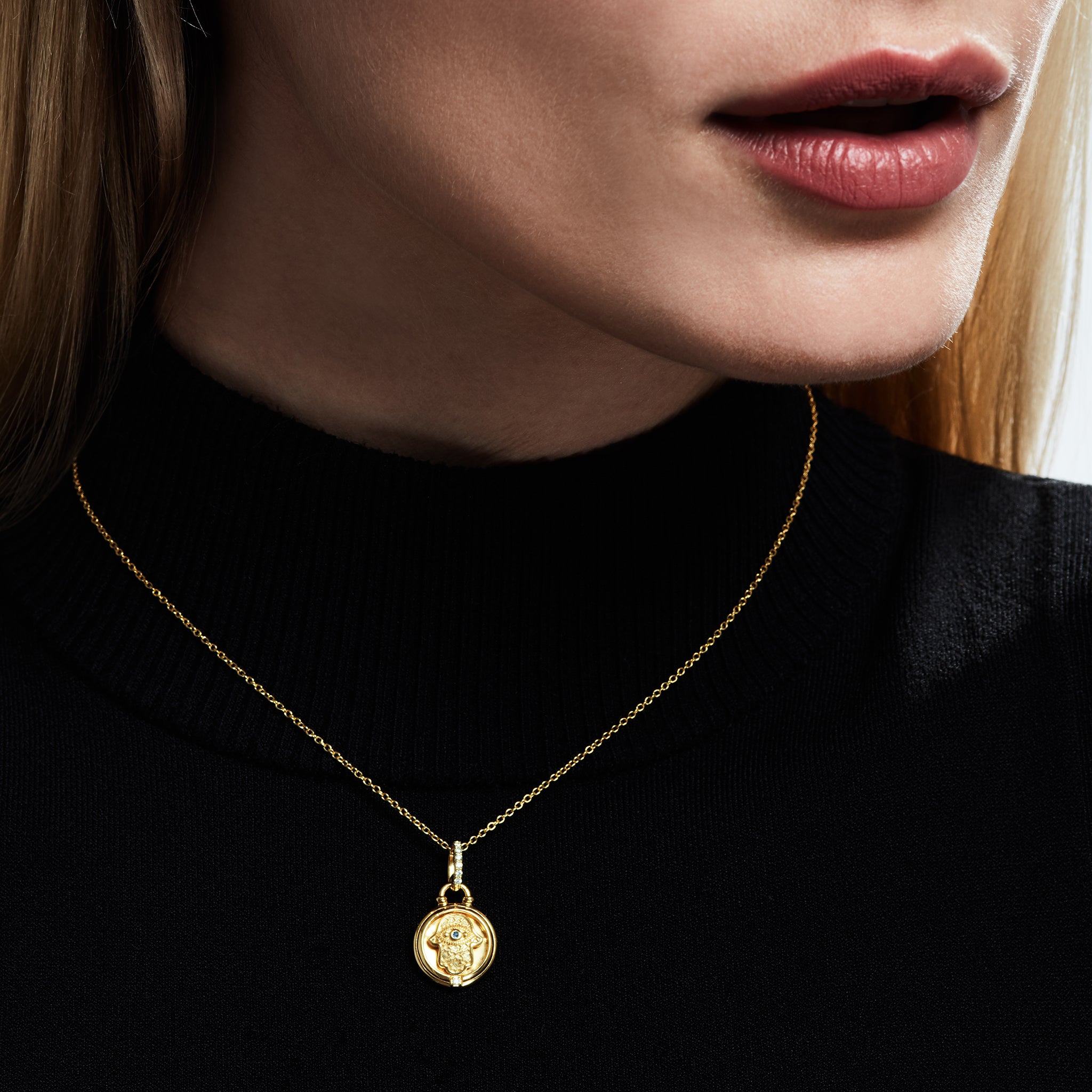 Little Luxuries Hamsa Medallion with Blue Sapphire and Diamonds in 18K