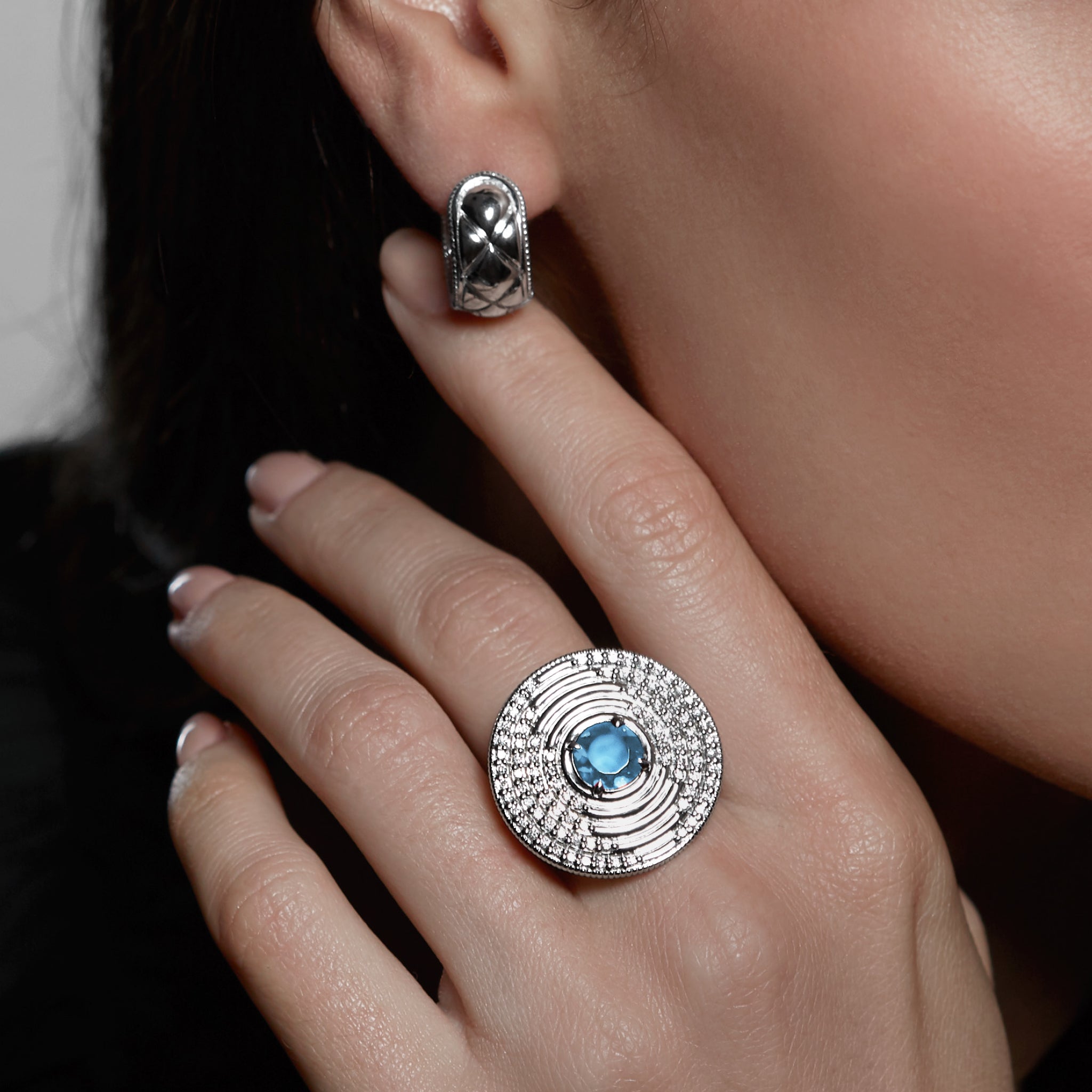 Max Round Ring with Swiss Blue Topaz and Diamonds