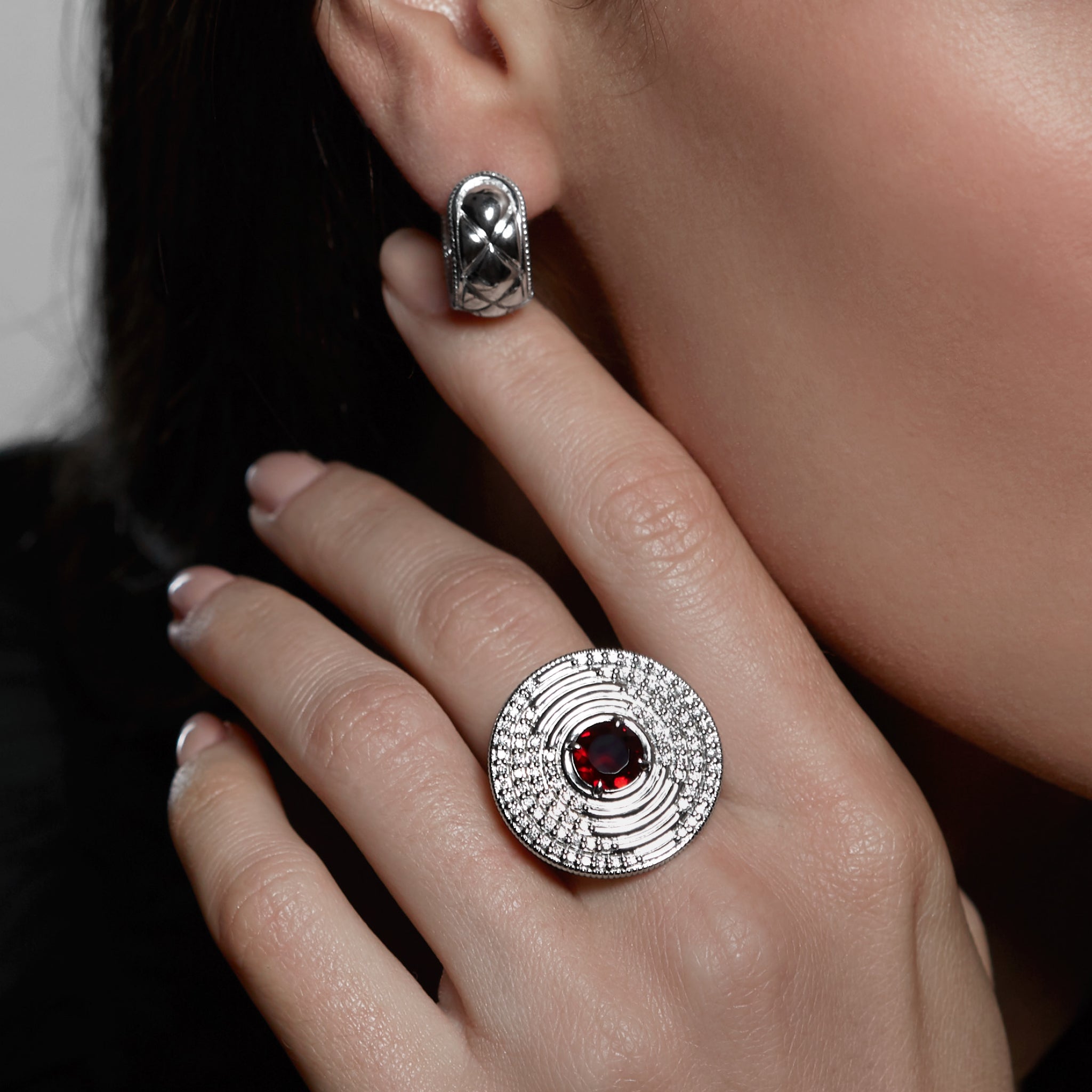 Max Round Ring with Garnet and Diamonds