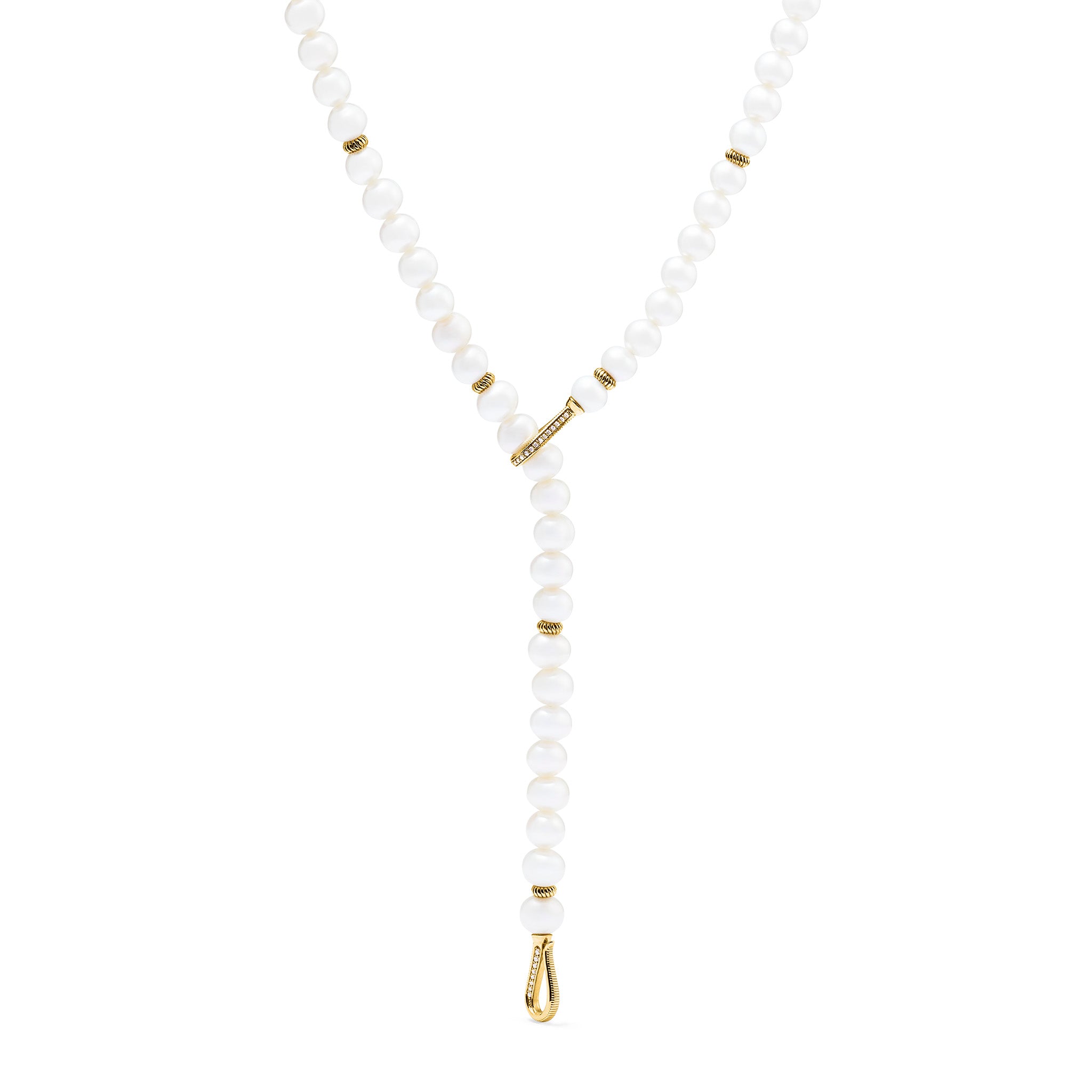 Shima Double Hook Drop Necklace with Freshwater Pearls and Diamonds in 18K