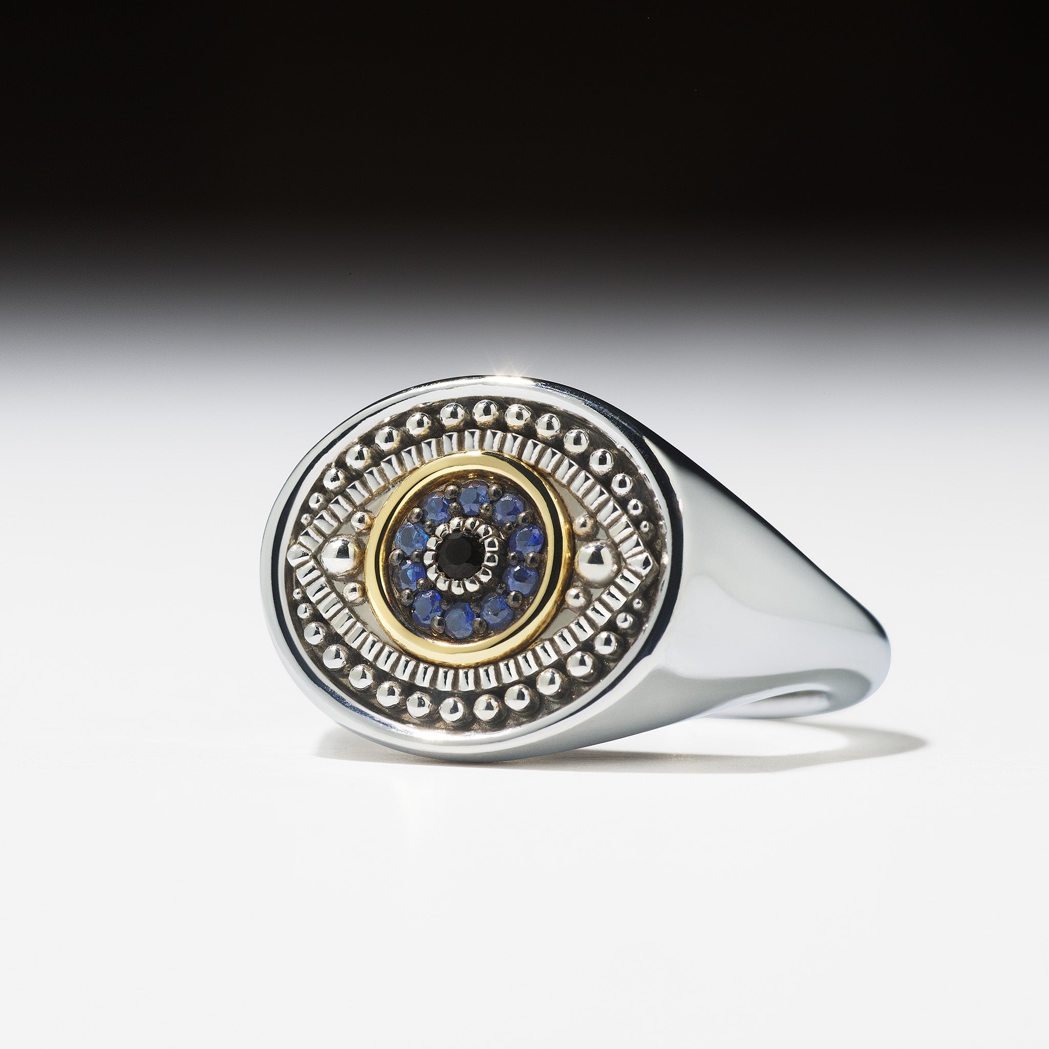 Little Luxuries Evil Eye Signet Ring with Black Sapphire, Blue Sapphire and 18K Gold