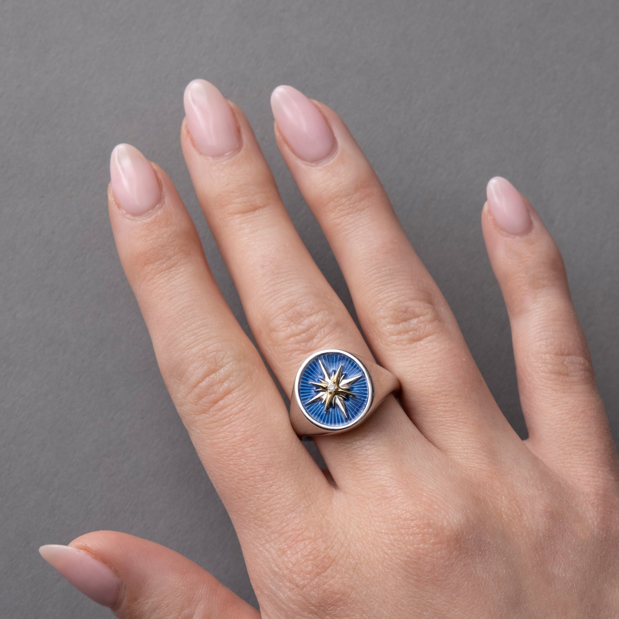 Little Luxuries North Star Signet Ring with Enamel, Diamonds and 18K Gold