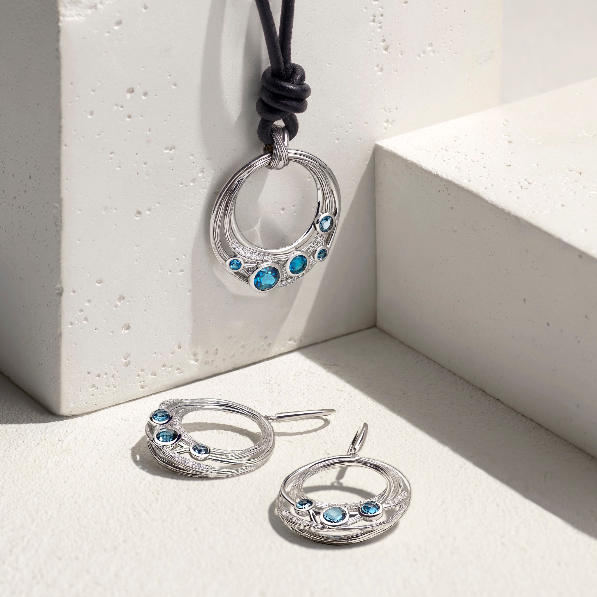 Santorini Drop Hoop Earrings with London Blue Topaz and Diamonds