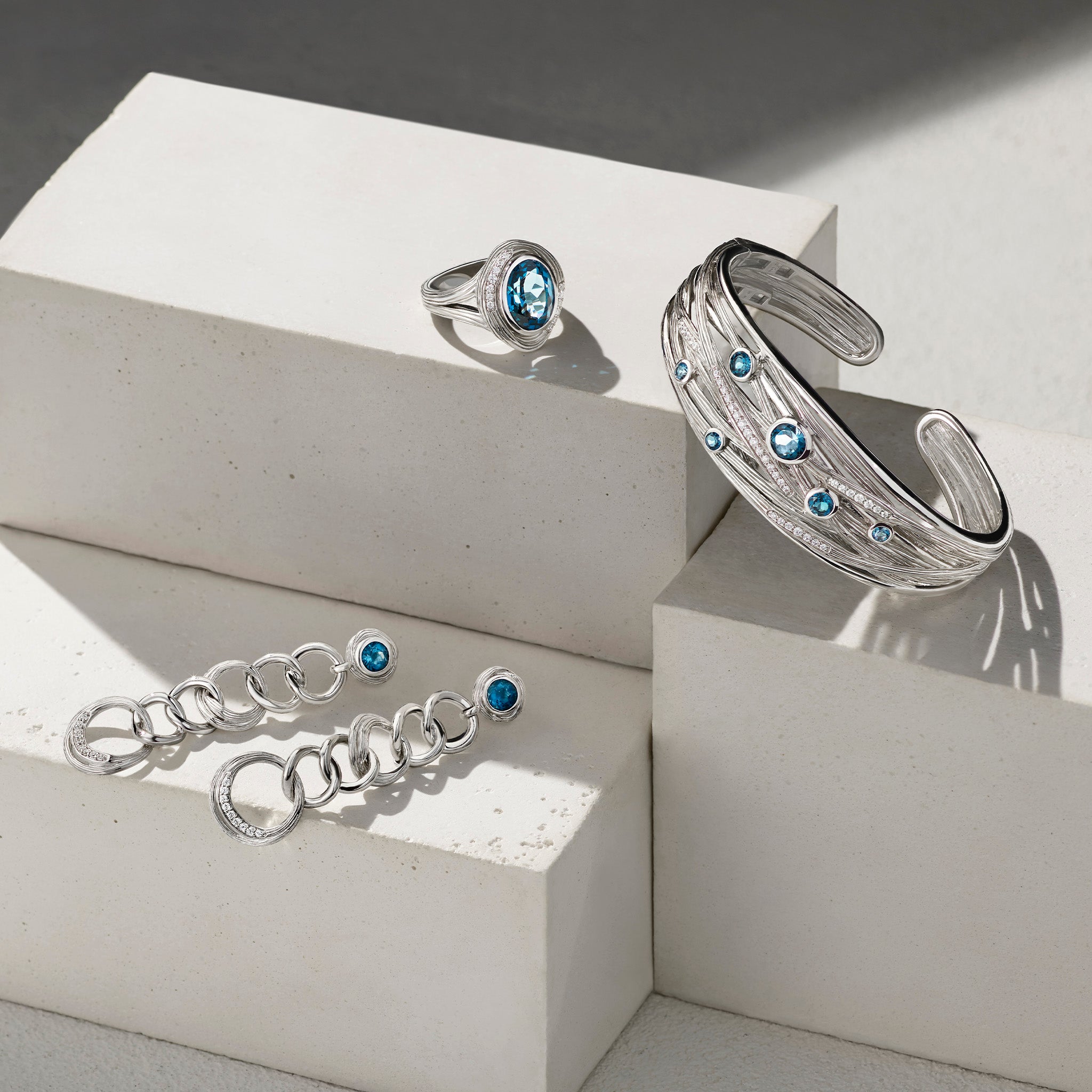 Santorini Linear Link Drop Earrings with London Blue Topaz and Diamonds