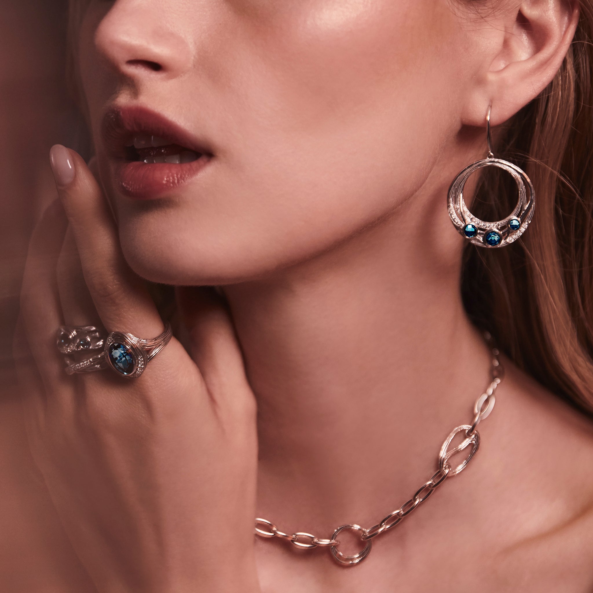 Santorini Drop Hoop Earrings with London Blue Topaz and Diamonds