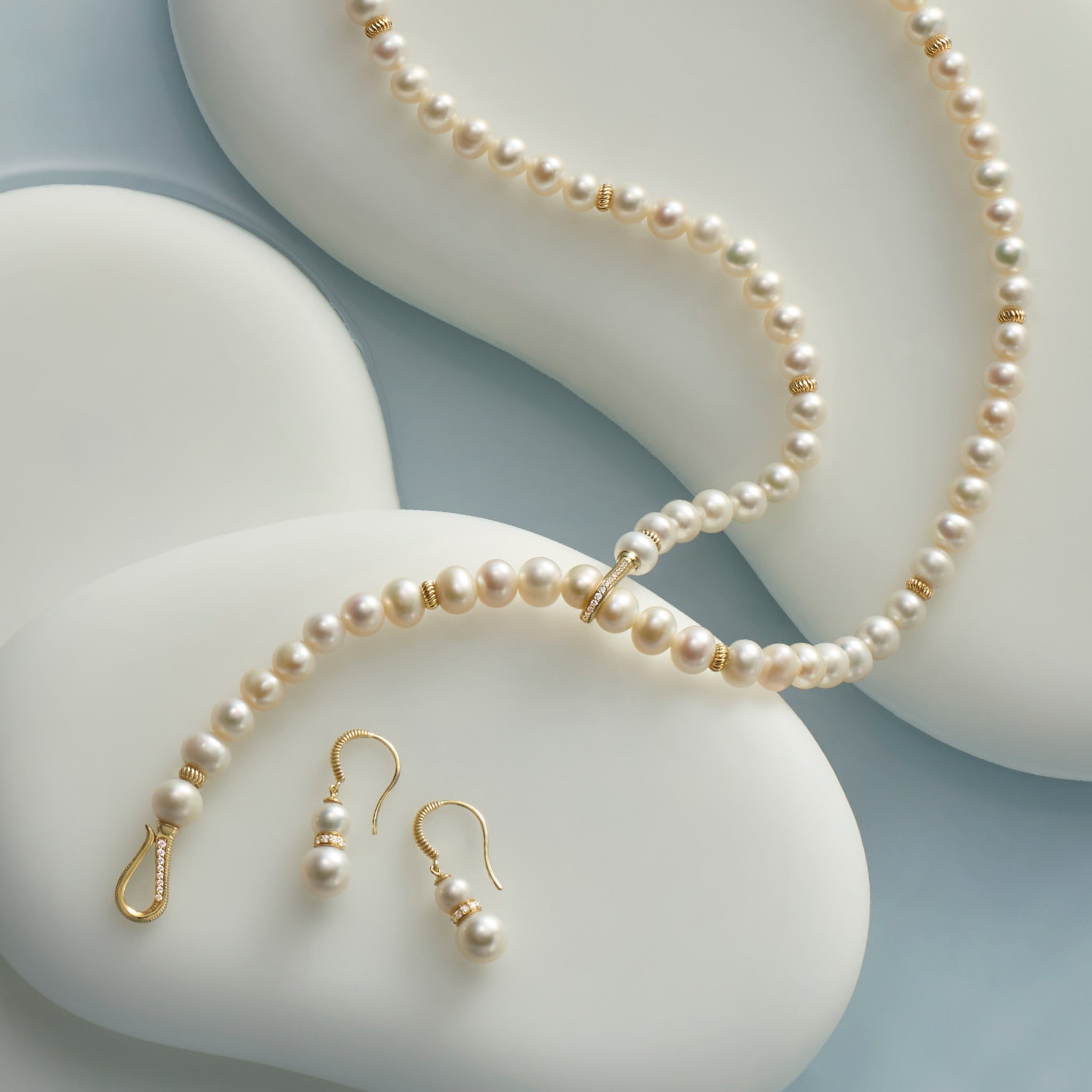 Shima Double Hook Drop Necklace with Freshwater Pearls and Diamonds in 18K