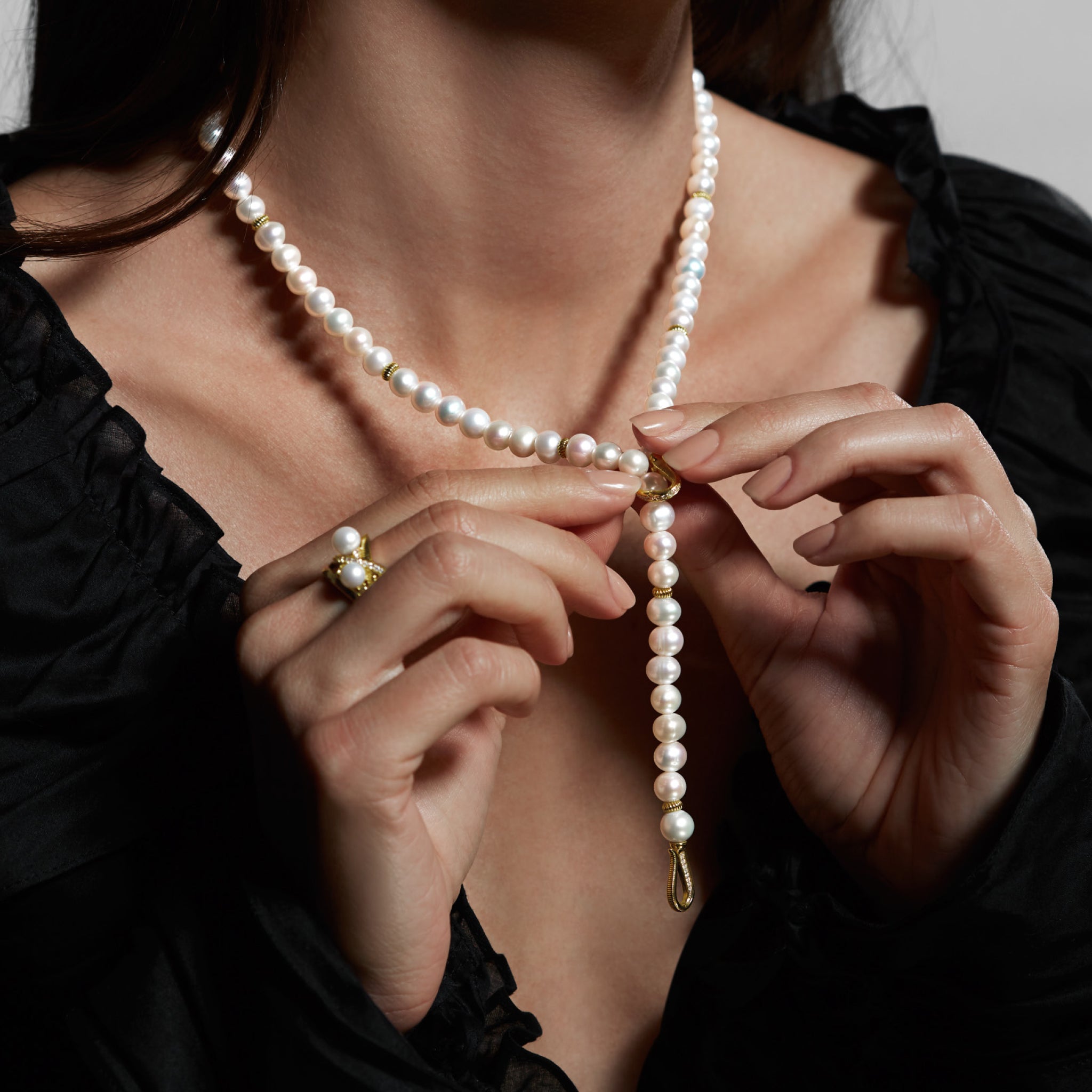 Shima Double Hook Drop Necklace With Freshwater Pearls And Diamonds In 18K