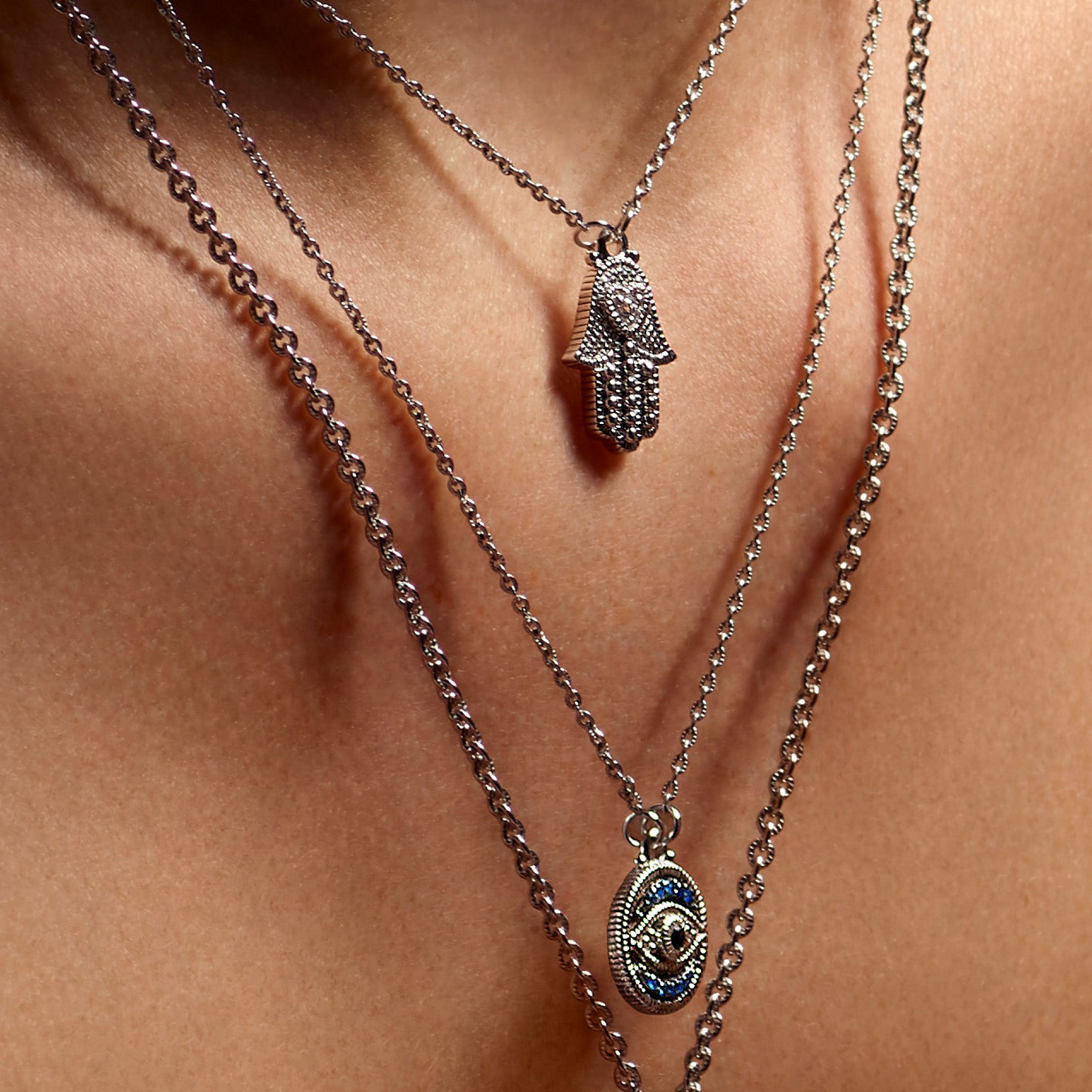 Little Luxuries Evil Eye and Hamsa Layered Necklace with Black Sapphire, Blue Sapphire and Diamonds