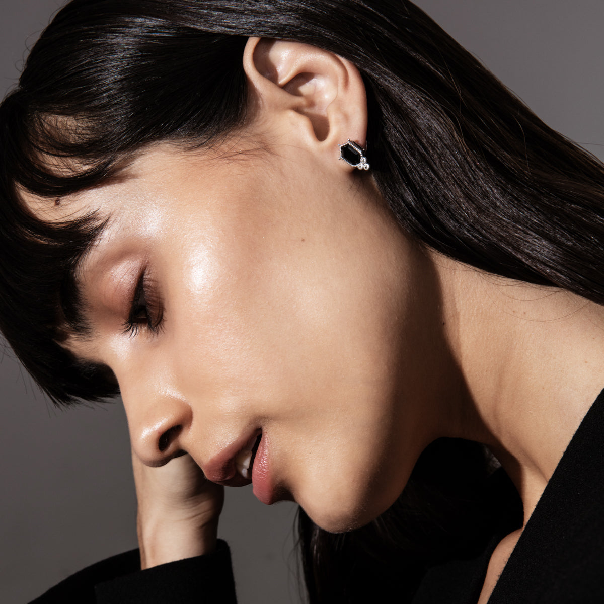 Martinique Black Onyx Hexagon Stud Earrings with White Topaz Accents
